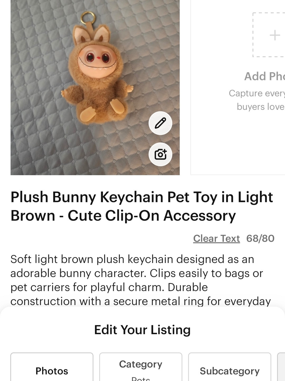 Light Brown Plush Bunny Keychain Clip-On